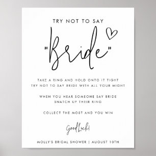 Minimalistisch script Zeg geen bride Shower Game Poster