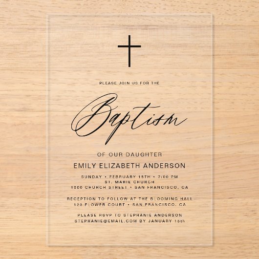 Minimalistisch Script Zwart Eenvoudig Doopsel Acryl Uitnodigingen (Voorkant)