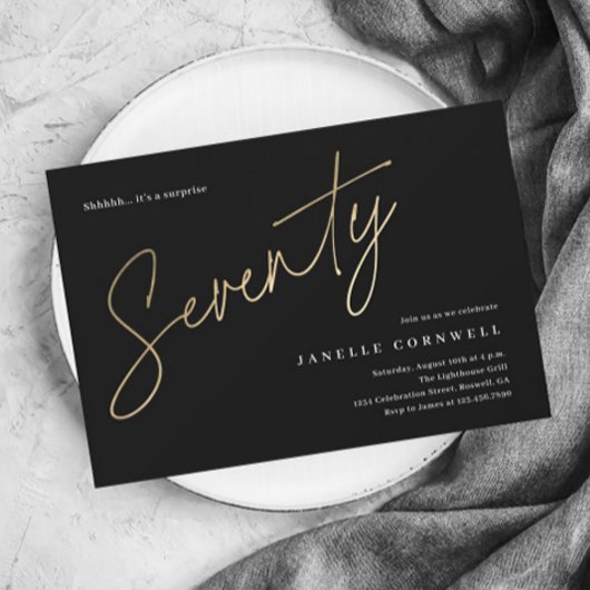 Minimalistisch script zwart en Gold 70th Birthday Kaart