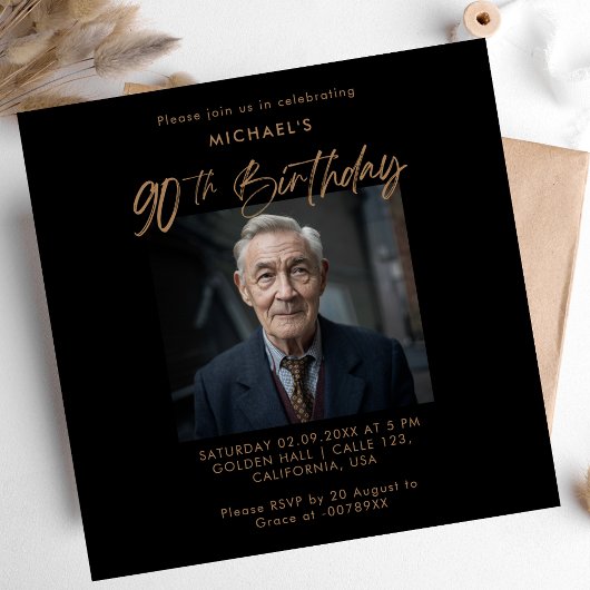 Minimalistisch Script Zwart & Goud 90ste foto Verj Kaart