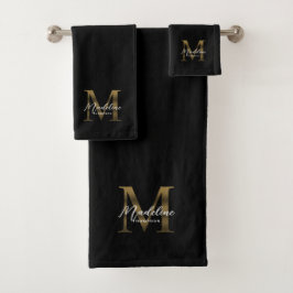 Minimalistisch Script Zwart Metallic Gold Monogram Bad Handdoek