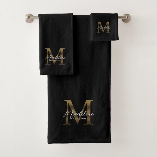 Minimalistisch Script Zwart Metallic Gold Monogram Bad Handdoek (Insitu)