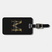 Minimalistisch Script Zwart Metallic Gold Monogram Bagagelabel (Voorkant horizontaal)