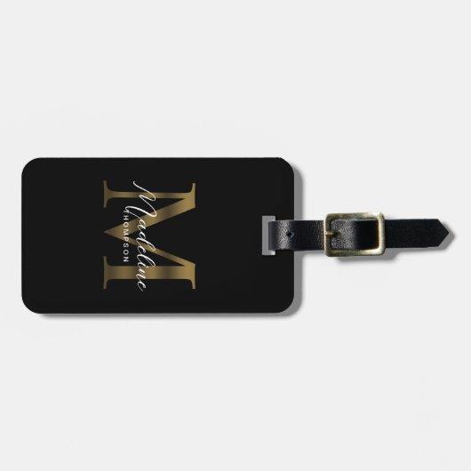 Minimalistisch Script Zwart Metallic Gold Monogram Bagagelabel (Voorkant horizontaal)