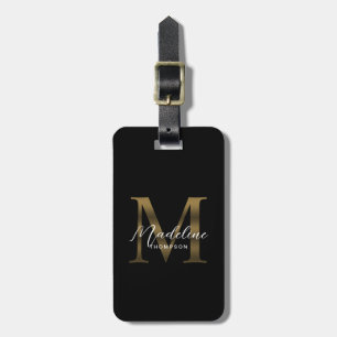 Minimalistisch Script Zwart Metallic Gold Monogram Bagagelabel