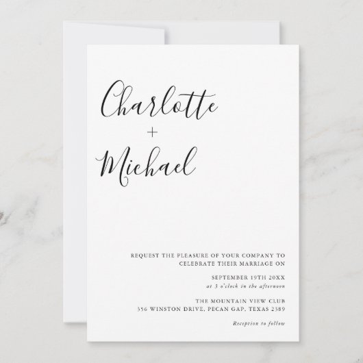 Minimalistisch script zwart-wit bruiloft kaart (Voorkant)