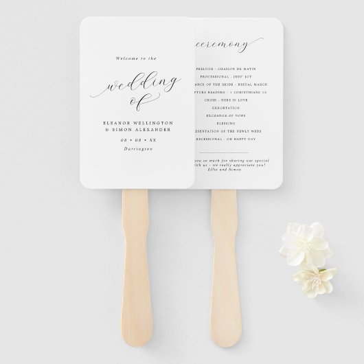 Minimalistisch Script Zwart & Wit Huwelijksprogram Handwaaier (Voorkant en achterkant)
