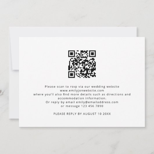 Minimalistisch Script Zwart Wit QR Code Bruiloft Kaart (Achterkant)