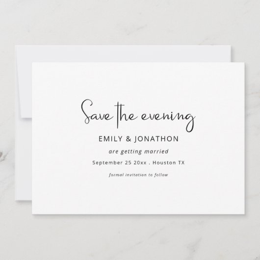 Minimalistisch Script Zwart Wit QR Save The Evenin Date (Voorkant)