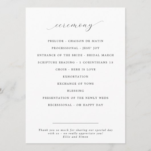 Minimalistisch Script Zwart & Wit Vlak Huwelijk Programma (Achterkant)