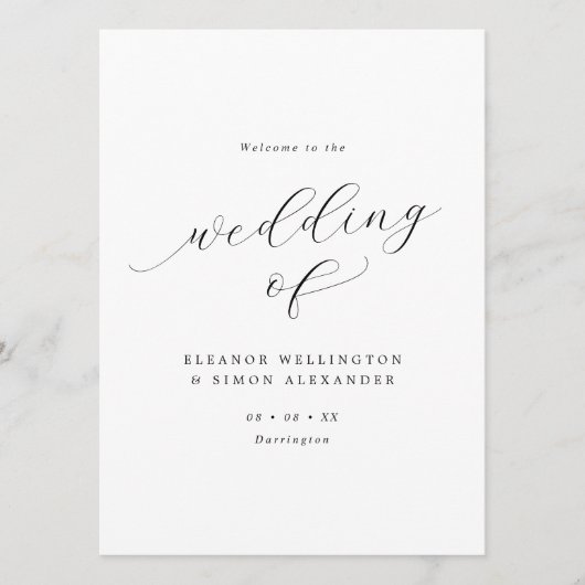 Minimalistisch Script Zwart & Wit Vlak Huwelijk Programma (Voorkant)