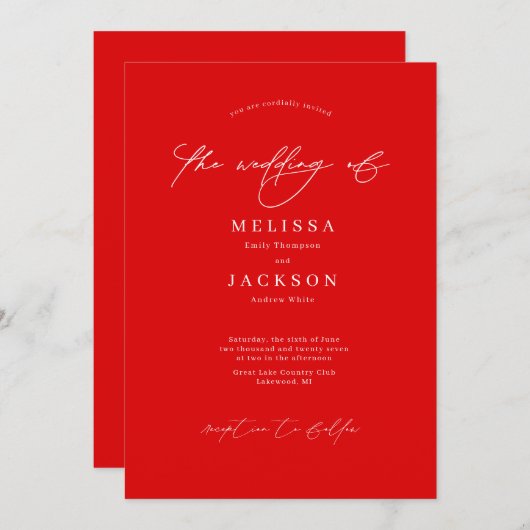 Minimalistisch scripting Red Wedding Invitation Kaart (Voorkant / Achterkant)