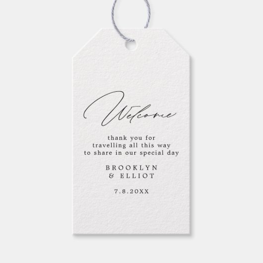 Minimalistisch scriptweddenschap Welkom Cadeaulabel (Voorkant)