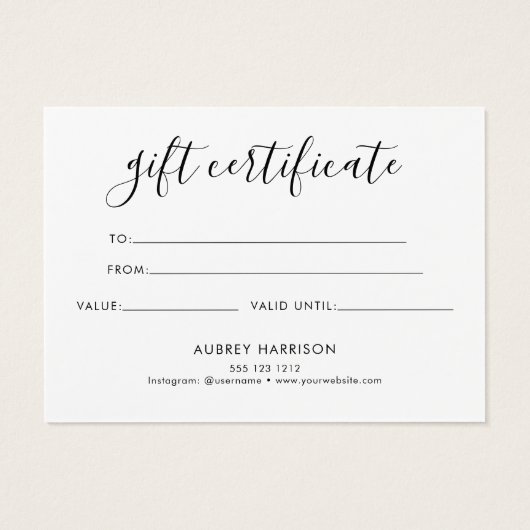 Minimalistisch scriptwitcadeaucertificaat visitekaartje (Achterkant)