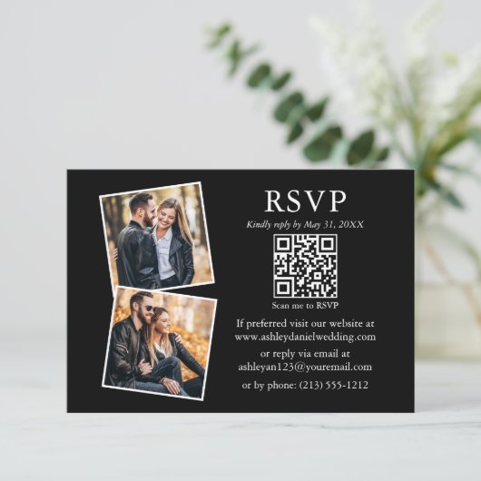 Minimalistisch Simple Black 2 Photo Weddenschap QR Kaart (Staand voorkant)