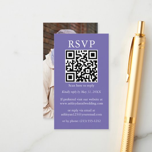Minimalistisch Simple Weddenschap QR Photo Periwin Informatiekaartje (Voorkant / Achterkant in situ)