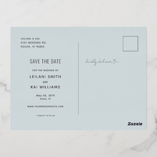 Minimalistisch sparen de Datum Blauw Folie Uitnodiging Briefkaart (Achterkant)