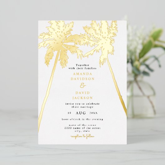 Minimalistisch strand Boho Weddenschap met goudpal Folie Uitnodiging (Staand Voorkant)