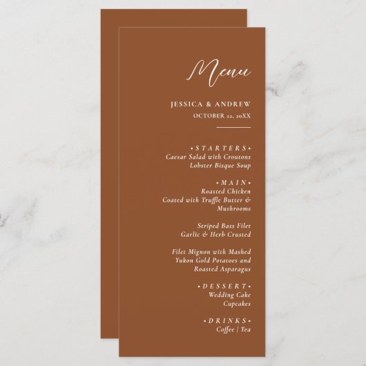 Minimalistisch Terra Cotta & Wit Eenvoudig Bruilof Menu (Voorkant / Achterkant)