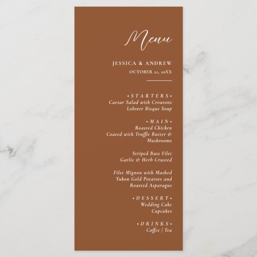 Minimalistisch Terra Cotta & Wit Eenvoudig Bruilof Menu (Voorkant)