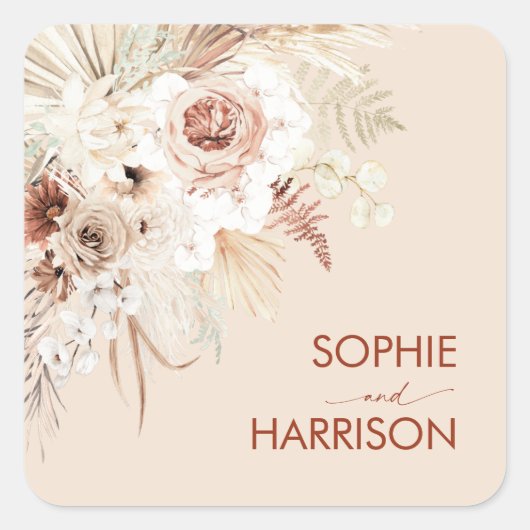 Minimalistisch Terracotta Boho Pampas Grass Square Vierkante Sticker (Voorkant)