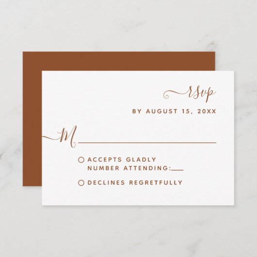 Minimalistisch terracotta Calligraphy Script Weddi RSVP Kaartje (Voorkant / Achterkant)