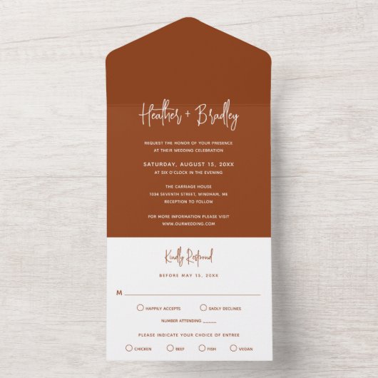 Minimalistisch Terracotta Modern Wedding All In One Uitnodiging (Binnen)