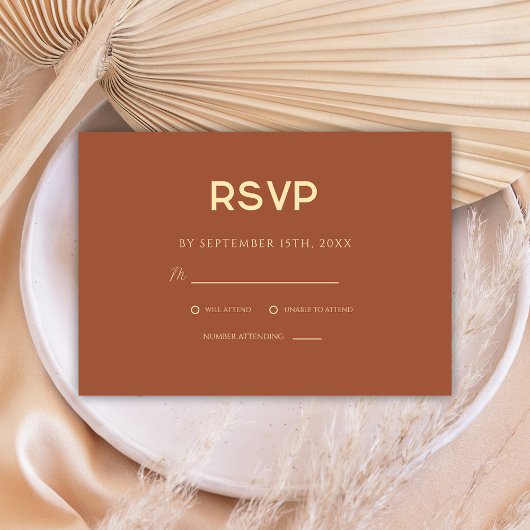 Minimalistisch Terracotta Wedding RSVP Kaartje