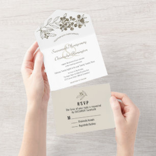 Minimalistisch topbruine grens Berry Leaf Wedding All In One Uitnodiging