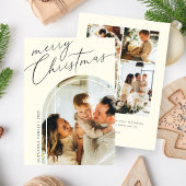 Minimalistisch vrolijk kerstscript vijf foto beige feestdagenkaart