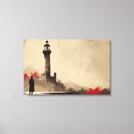 Minimalistisch vuurtorencanvas met rode accenten canvas afdruk