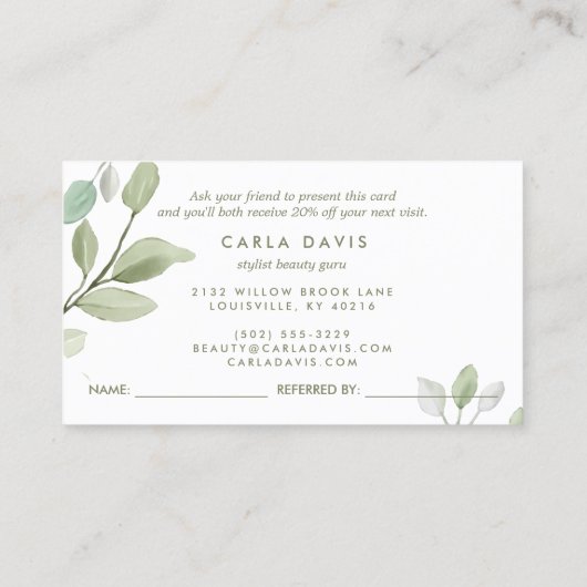 Minimalistisch Waterverf groen verlaat modern Aanbevelingskaartje (Achterkant)