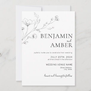 Minimalistisch Wildflower Lineart Drawing Boho Wed Kaart
