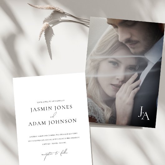 Minimalistisch wit eenvoudig monogram foto bruilof kaart