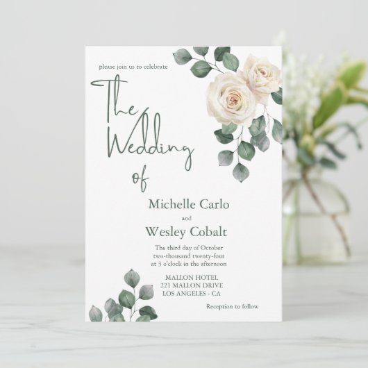 Minimalistisch wit en groen Roos terug bruiloft Kaart (Staand voorkant)