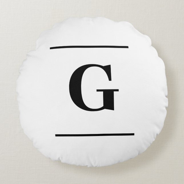 Minimalistisch wit enkelvoudig monogram rond kussen (Voorkant)