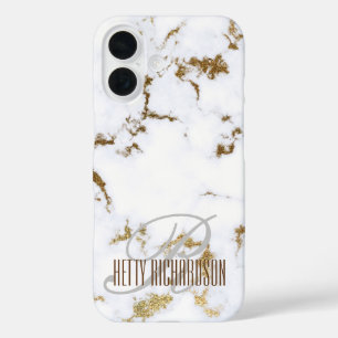 Minimalistisch wit glitter marmeren Initiaal monog iPhone 16 Hoesje