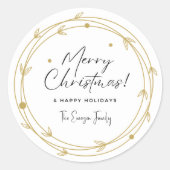 Minimalistisch Wit & Goud Vrolijk Kerstgelukkig Ronde Sticker (Voorkant)