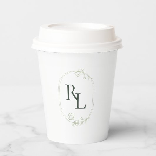 Minimalistisch Wit & Groen Paar Monogram Bruiloft Papieren Bekers (Voorkant)