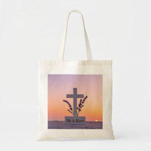 Minimalistisch wit kruis versierd met lavendel tote bag