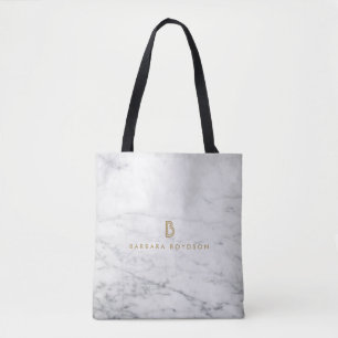 Minimalistisch wit marmer Gold monogram Draagtas