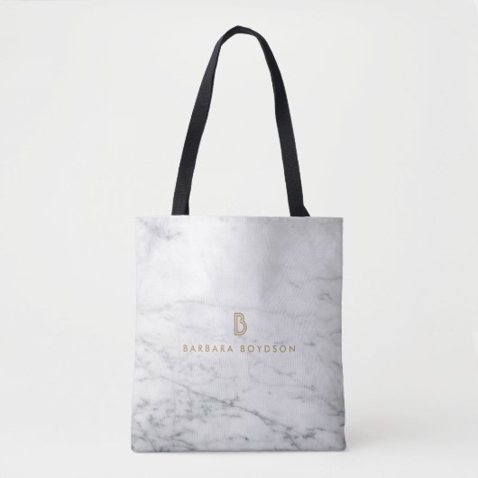 Minimalistisch wit marmer Gold monogram Draagtas (Voorkant)