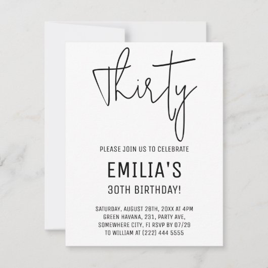 Minimalistisch wit zwart script | Dertigste verjaa RSVP Kaartje (Voorkant)