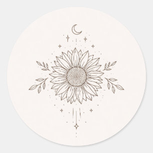 Minimalistisch zonnebloem- en maandesign ronde sticker