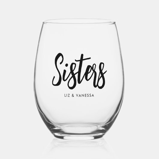Minimalistisch 'zusters' script belettering aangep wijnglas zonder voet (Voorkant)