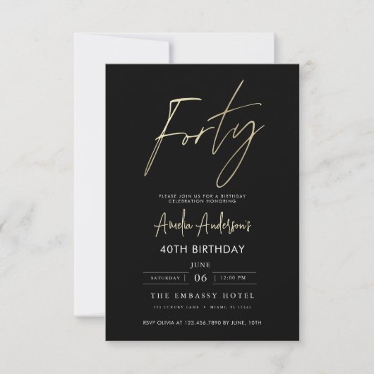 Minimalistisch zwart en goud script 40ste verjaard kaart (Voorkant)