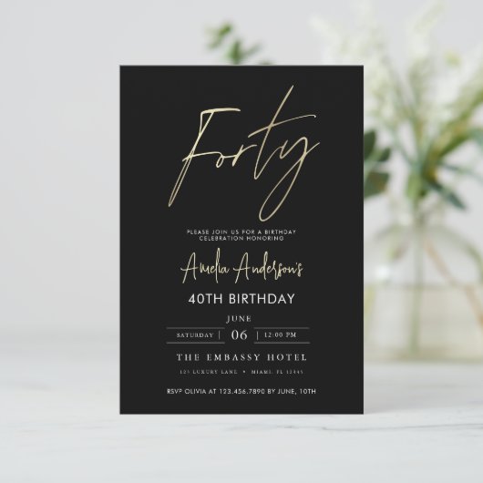 Minimalistisch zwart en goud script 40ste verjaard kaart (Staand voorkant)