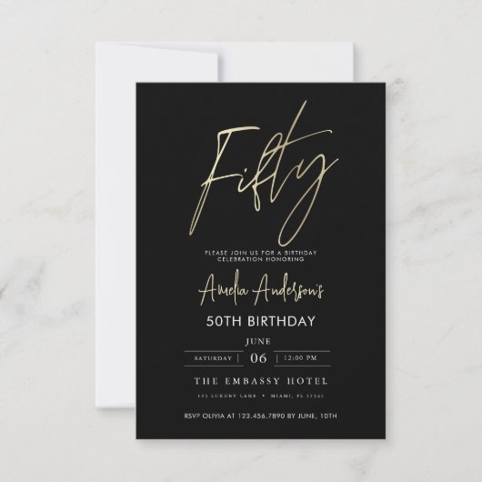 Minimalistisch zwart en goud script 50ste verjaard kaart (Voorkant)