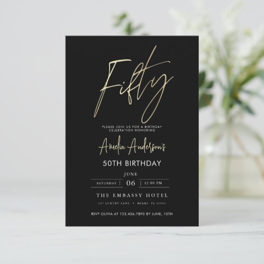 Minimalistisch zwart en goud script 50ste verjaard kaart (Staand voorkant)