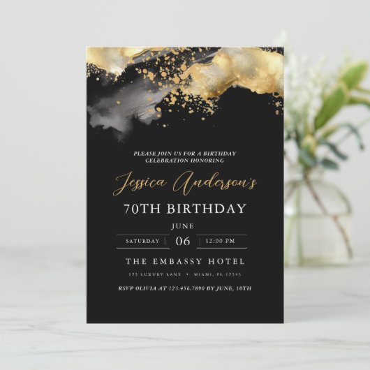 Minimalistisch zwart en goud script 70ste verjaard kaart (Staand voorkant)